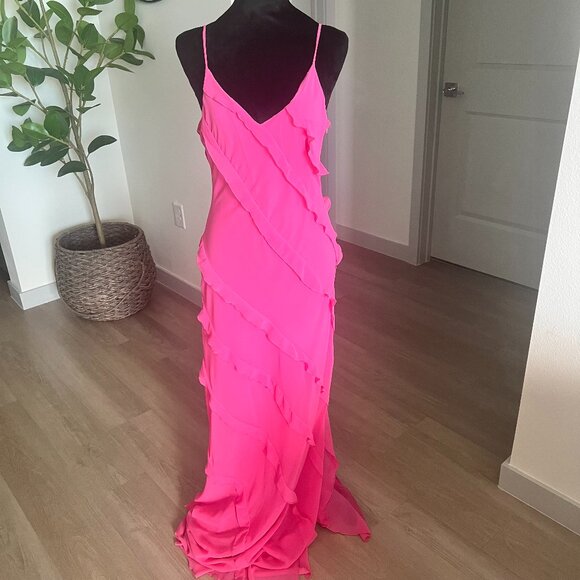 Mango Mng Wms Pink Ruffle Maxi Dress/Gown Sz 10 Wedding Guest Cocktail Party NWT - Picture 1 of 8